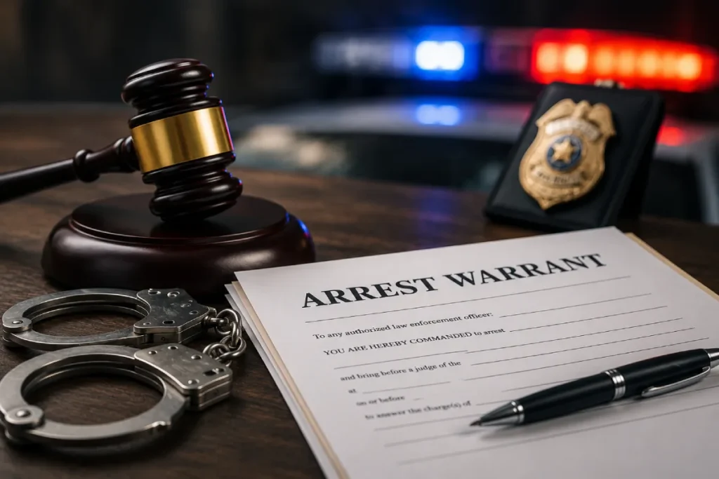 North Carolina arrest warrants: gavel, handcuffs, and an arrest warrant document.