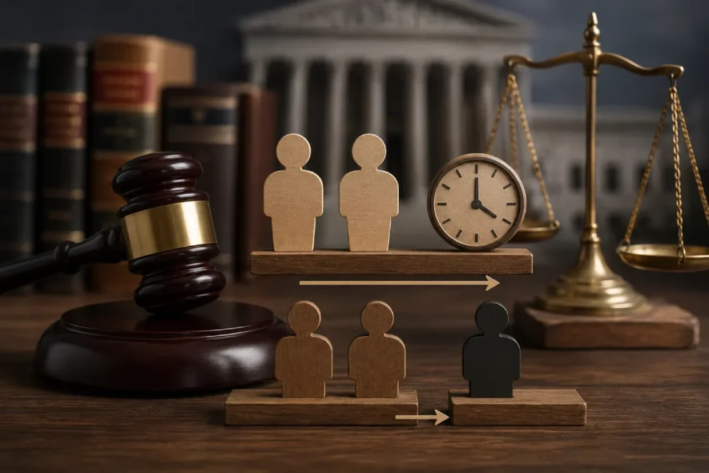 North Carolina concurrent vs consecutive sentences: gavel, wooden figures, and a clock.
