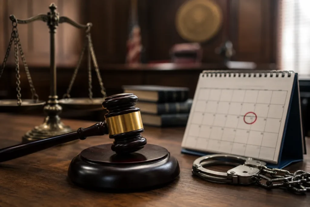 North Carolina Failure to Appear: gavel, handcuffs, and a circled calendar date.