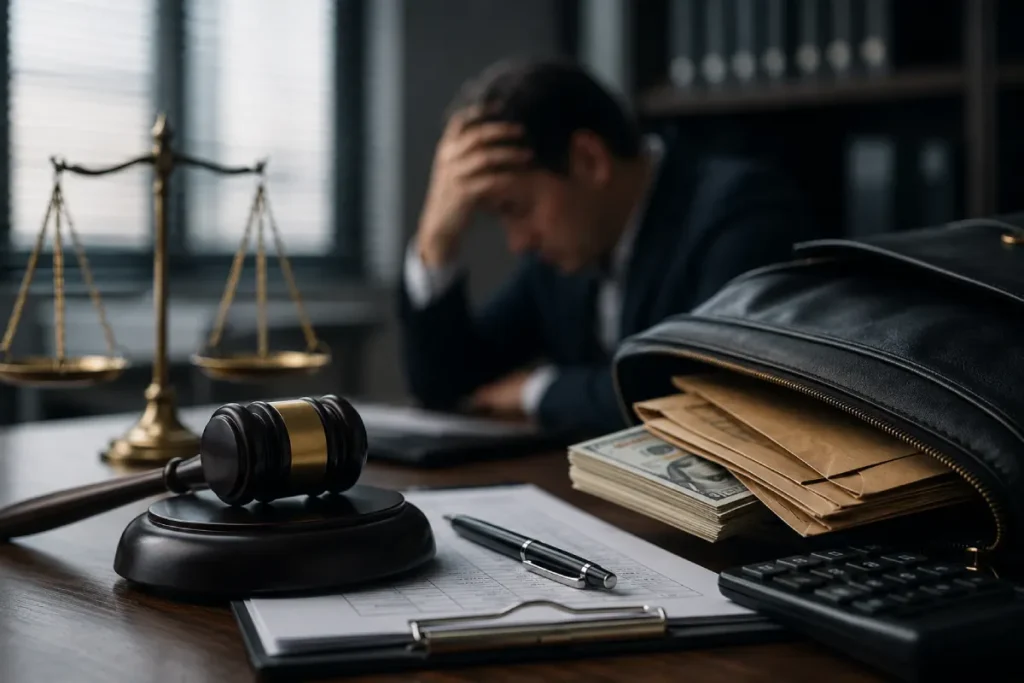 NC larceny by employee penalties: gavel, scales of justice, and a bag full of stolen cash.