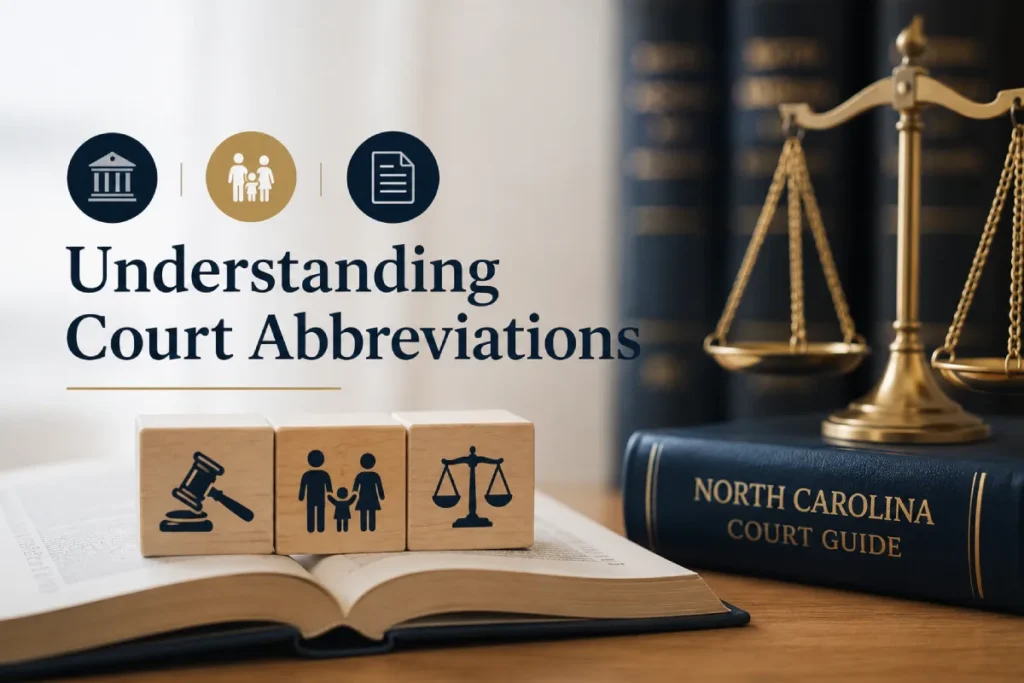 North Carolina court abbreviations: wooden icon blocks, law book, and scales of justice.