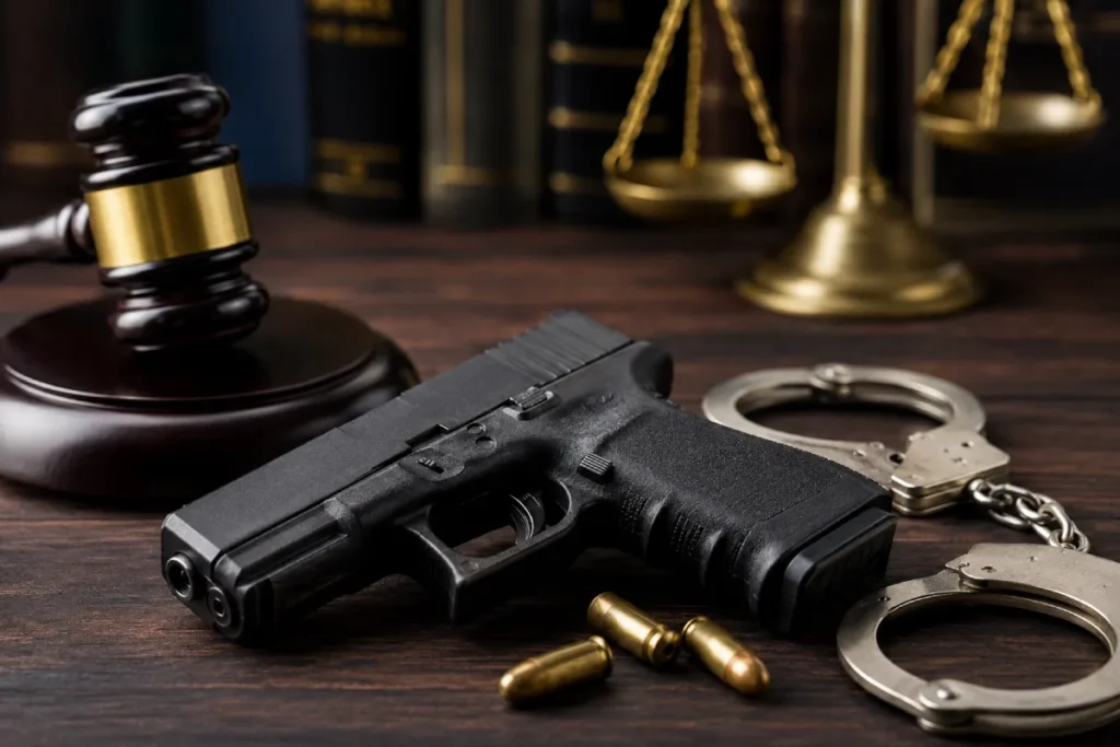 North Carolina possession of a stolen firearm: a black handgun, bullets, handcuffs, and a judge's gavel on a wooden desk.