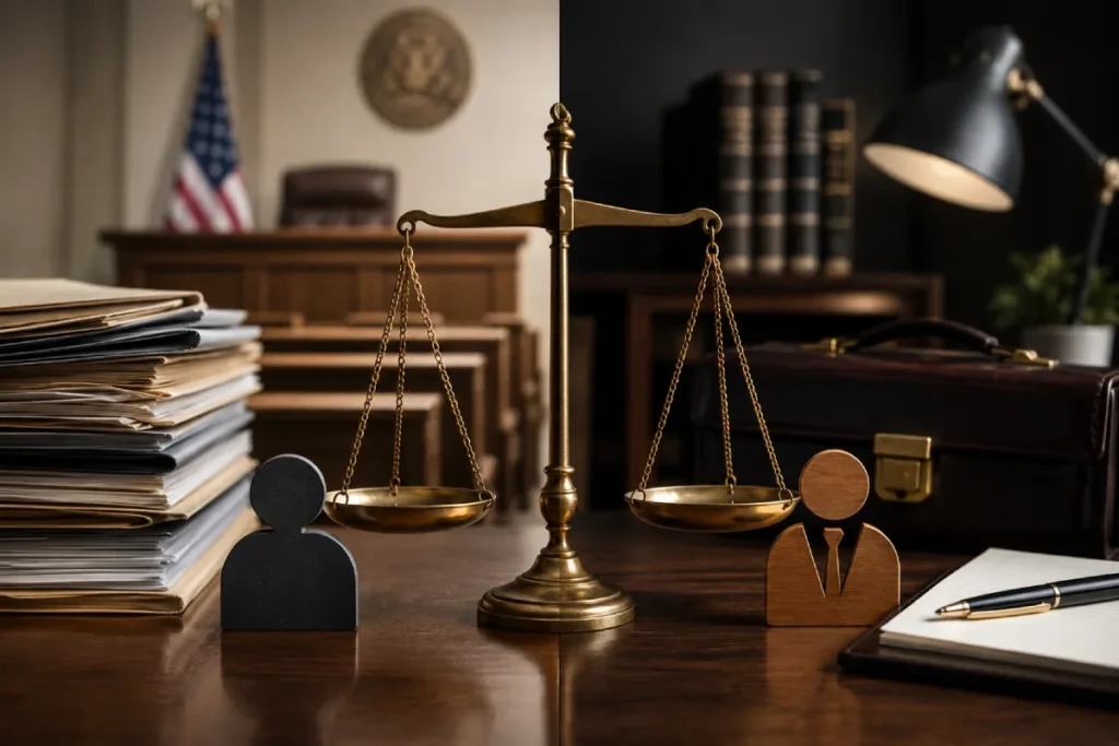 NC public defender vs private attorney: scales of justice between a courtroom and a private office.