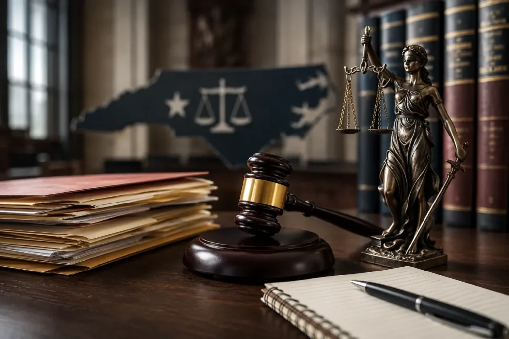 North Carolina felony classes: gavel, stacked case files, and Lady Justice.