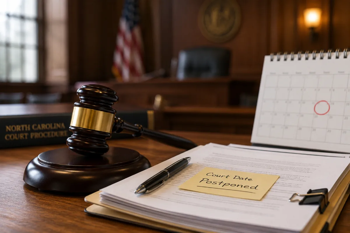 A gavel, a calendar, and a sticky note reading 'Court Date Postponed' on a legal document, representing a continuance in a North Carolina court.