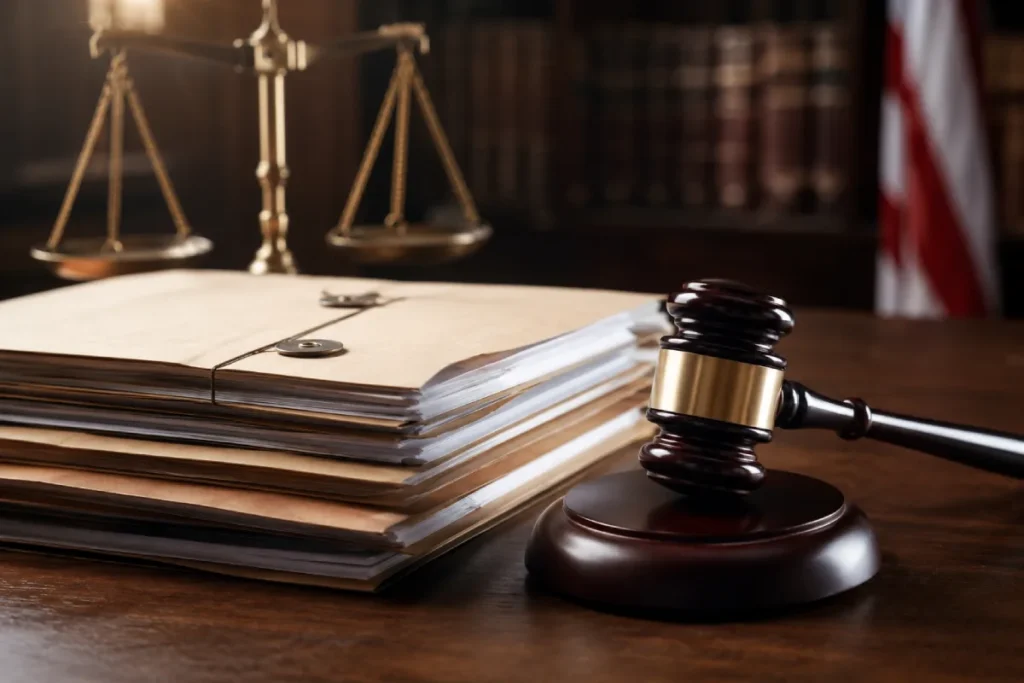 North Carolina indictment: gavel, stacked case files, and scales of justice.