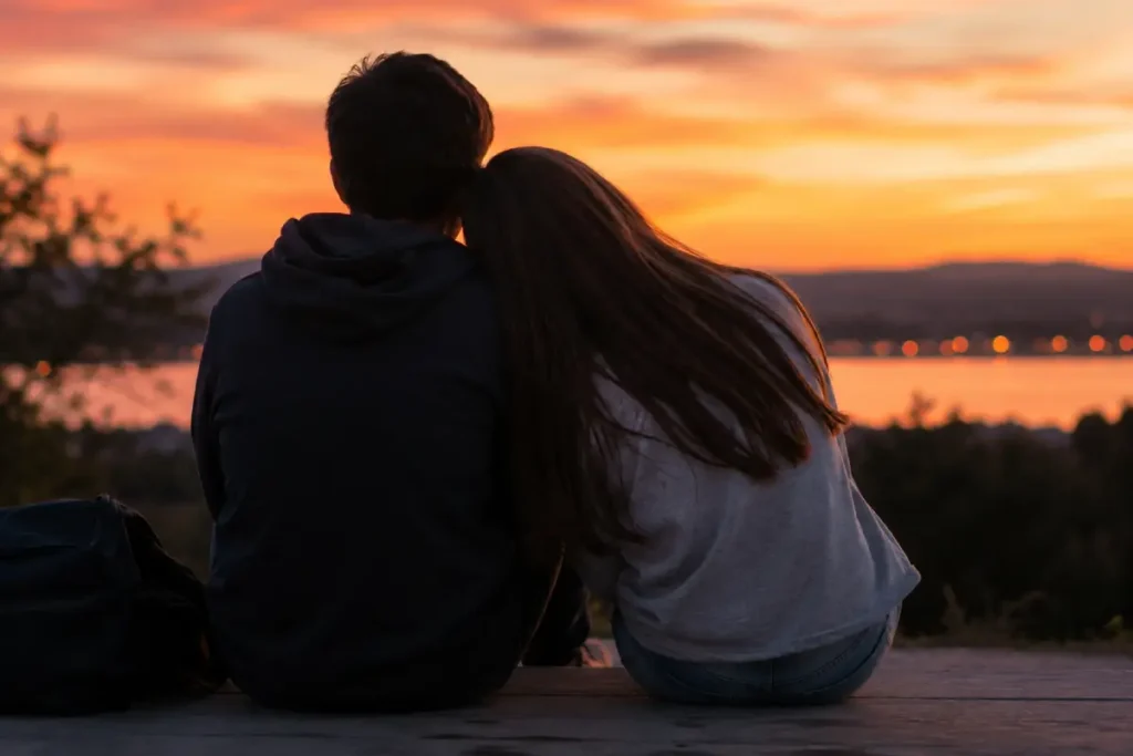 North Carolina age of consent: a young couple sitting closely together, viewed from behind, looking out over a sunset, representing teenage relationships and statutory laws.