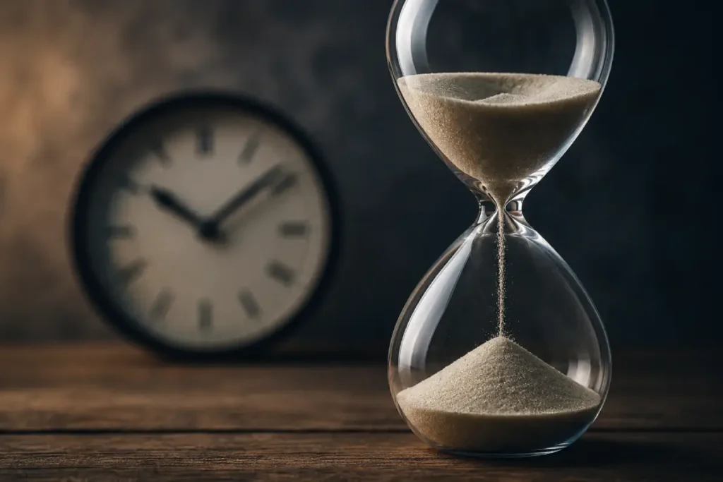 North Carolina criminal statute of limitations: a glass hourglass with falling sand sitting on a wooden table, with a blurred analog clock in the background symbolizing legal time limits.