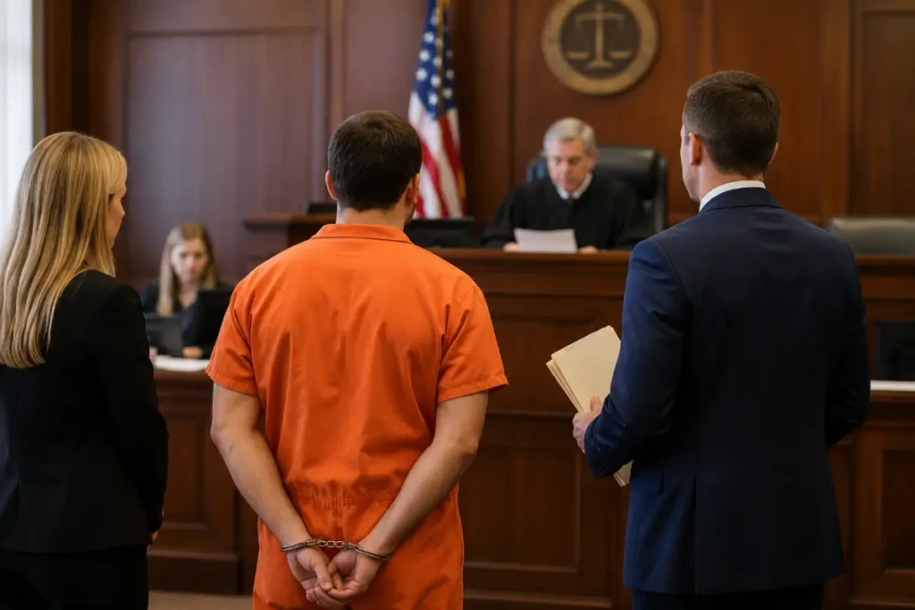 North Carolina arraignment: a handcuffed defendant in an orange jumpsuit stands between two defense attorneys while facing a judge in a courtroom.